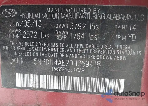 2013 Hyundai Elantra Gls from USA, damaged, VIN 5NPDH4AE2DH359418